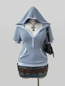 Sunspun Plus Size Women's Striped Short Sleeve Button Design Hooded Sweatshirt - Multicolor - View 9