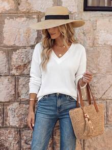 EMERY ROSE Casual Versatile Solid Color Dropped Shoulder Loose T-Shirt - White - View 4