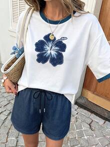 SHEIN LUNE 女款圓領落肩上衣與抽繩短褲休閒兩件套，夏季休閒穿搭 - 彩色 - 查看 6