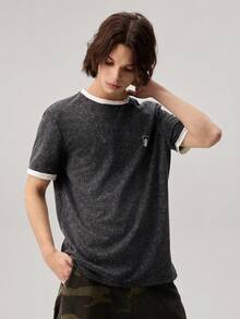 Vaulklash 标准尺码男士水洗黑色T恤，白色袖口设计 - 黑色 - 查看 5