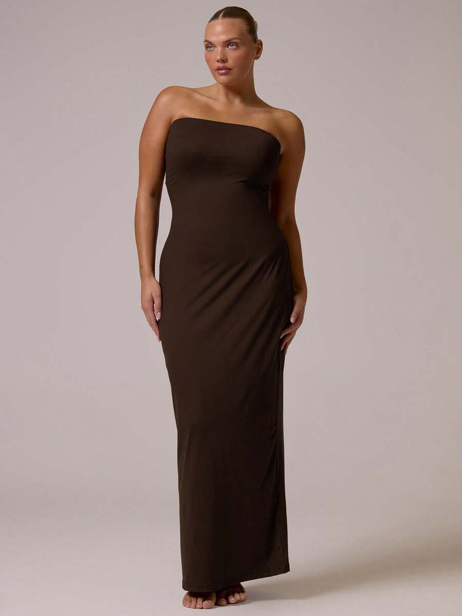MUSERA Plus Size Fitted Strapless Maxi Dress Everyday Casual Spring Summer Vacation Holiday Essentials - Brown - View 1