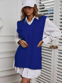 EURMUSE Solid Color Knit Vest With Split Hem - Royal Blue - View 4