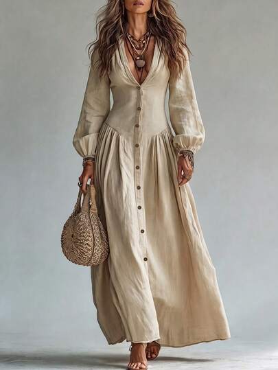 Hotletica Women's Solid Color Pleated Casual Party Travel Long Dress