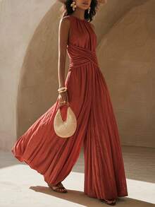 Zivah New Summer Hot-Selling Casual Commuter Vacation Linen Reddish-Brown Round Neck Sleeveless Cross Waist Belted Pleated Long Women Jumpsuit,Suitable For Everyday Wear, Going Out,Vacations, Travel, Beaches, Party, Airport Outfits, Brunch Outfits,Boho , Nomadic,Casual ,Shopping,Work Outfits For Women,Graduation Outifit,Country Concert Outfit,Back-To-School - Red - View 2