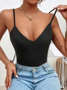 Allurite Sexy Solid Slim Fit Cami Bodysuit - Black - View 6