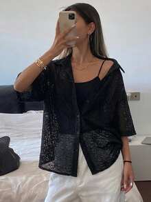 FRIFUL Women's Solid Color Lace Drop Shoulder Loose Shirt Sheer - Black - View 3