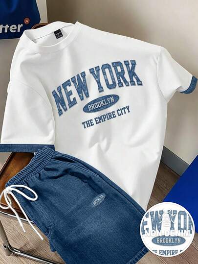 Chillumni NEW YORK BROOKLYN Denim Washed Sports T-Shirt, Men's Classic College Casual Sports Short Sleeve T-Shirt Plus Size Set, Unisex College Casual Short Sleeve T-Shirt Set