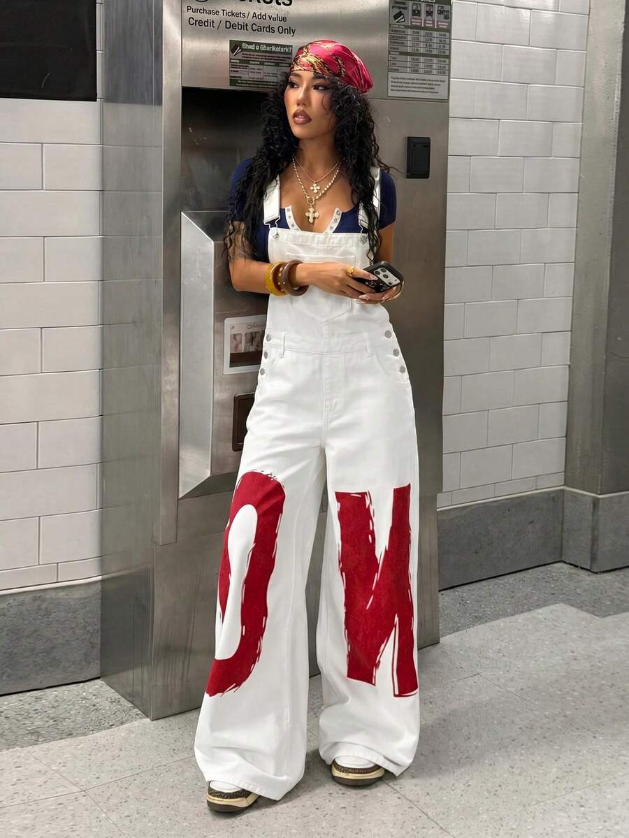 StreetHx Women's Letter Print Curved Leg Denim Overalls - White - View 1