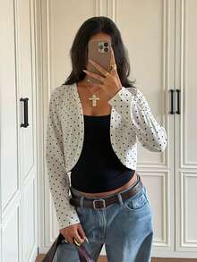 SHEIN EZwear 女款波點圖案長袖開襟輕便夾克 - 白色 - 查看 4