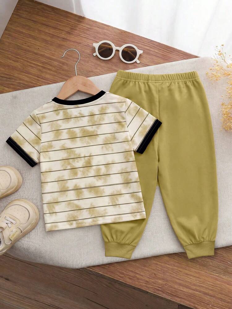 Baby Boys Loose Casual Sporty Short Sleeve T-Shirt And Long Pants 2-Piece Set, Comfortable And Simple, Classic Striped Pattern Print, Cute Cartoon Bear Driving Car Print, Suitable For Spring/Summer, Back To School Season - Multicolor - View 2