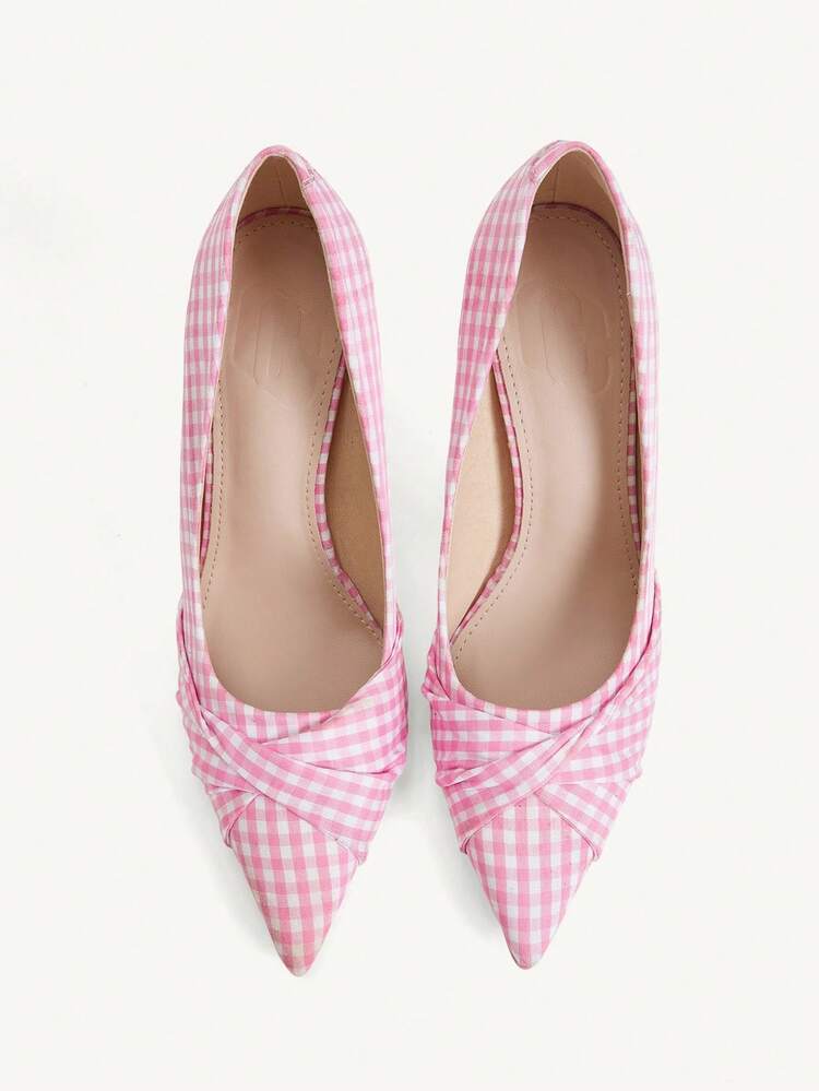 CUCCOO CHICEST Women's Fashion Elegant Pink Plaid Satin Pointed High Heels Fall Shoes - Lattice powder - View 2