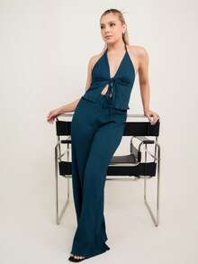 Ximena Robles Ximena Robles Textured Fabric Pleated Halter Top And Loose Wide Leg Pants Set Elegant Summer - Teal Blue - View 5