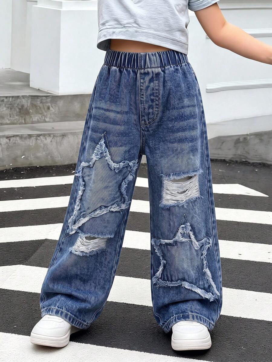 SHEIN Playful Pals 女童牛仔褲，四季新款，時尚設計，深色復古牛仔水洗，彈性腰帶，休閒