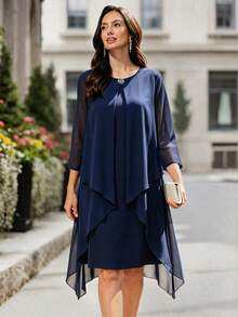 Velvienne Plus Size Elegant Commuter Solid Color Dress Fall - Navy Blue - View 3