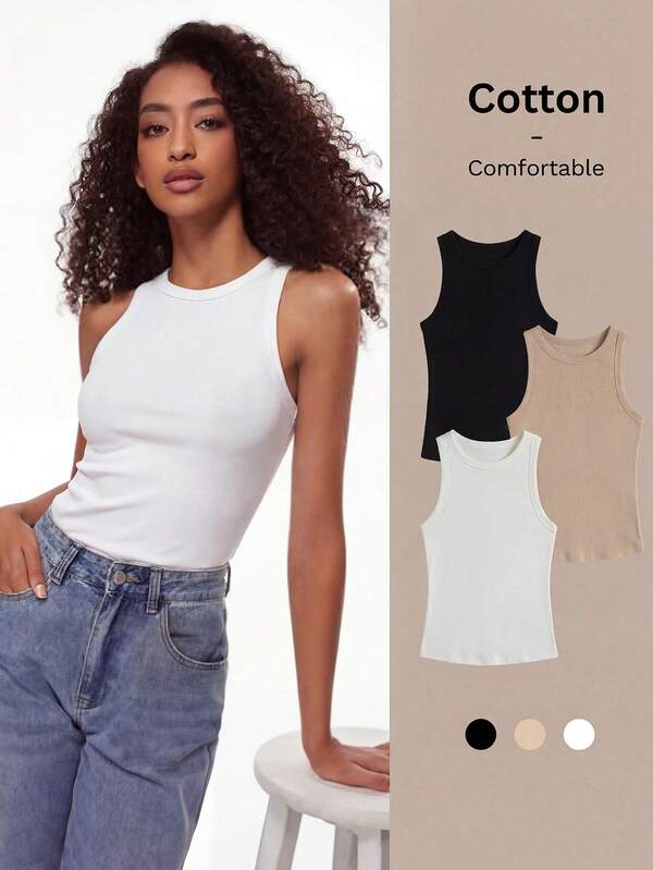 SHEIN BASICS Women's Solid Color Round Neck Ribbed Casual All-Match All-Match Versatile Tank Top Everyday Holiday Black Tan White Summer Daytime Night Out House