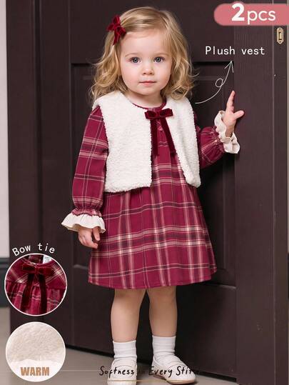 SHEIN Baby Girls Hoodie & Sweatshirt Co-Ords Red Plaid Bow Ruffle Cuff Dress With Fleece Vest 2pcs Set Buy Dress Get Vest Free