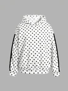 SHEIN 青少年女孩黑白波點印花膠帶裝飾運動衫，秋季上學穿著套頭衫 - 黑與白 - 查看 4