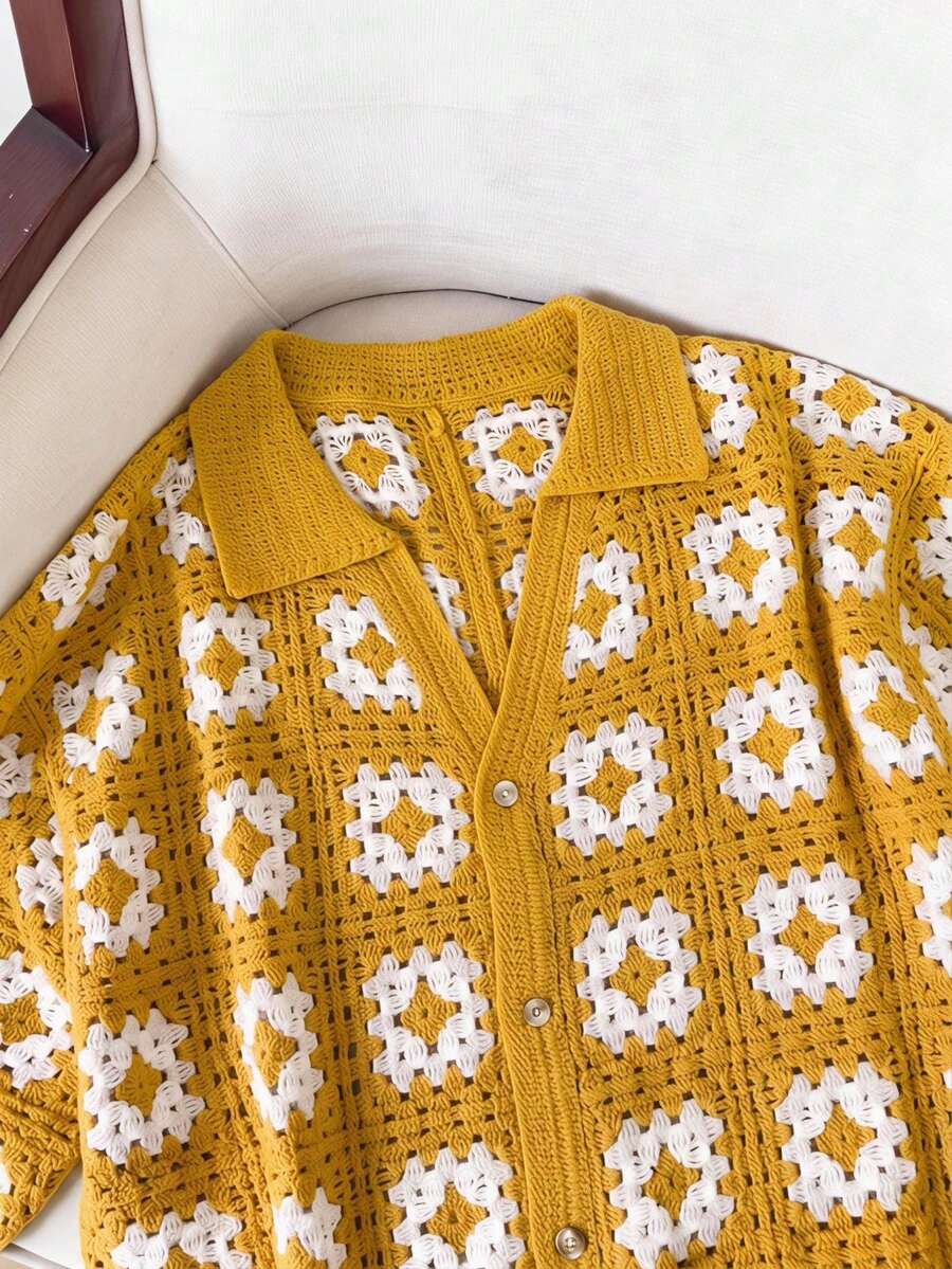 SWAVVY Men's Fashion Vacation Single-Breasted Crochet Short Sleeve Knit Top - Yellow - View 1