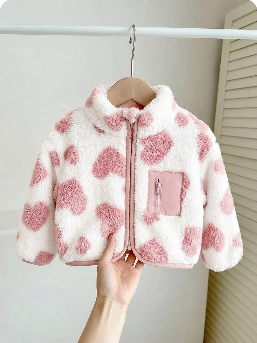 SHEIN Babygirl Cute Autumn/Winter Heart Pattern Fluffy Stand Collar Jacket - Pink - View 1