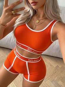 SuitURBody 2 件女士圆领修身上衣和字母印花短裤内衣套装 - 橘色 - 查看 5