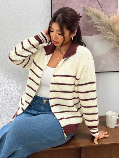 Lounesse Plus Size Autumn/Winter Casual Colorblock Striped Cardigan