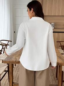 Weeklong Women's Plus Size Spring/Autumn Single Piece Stand Collar Metal Button White Shirt, Loose Drop Shoulder Style, Mature Casual Versatile Blouse Fall - White - View 6