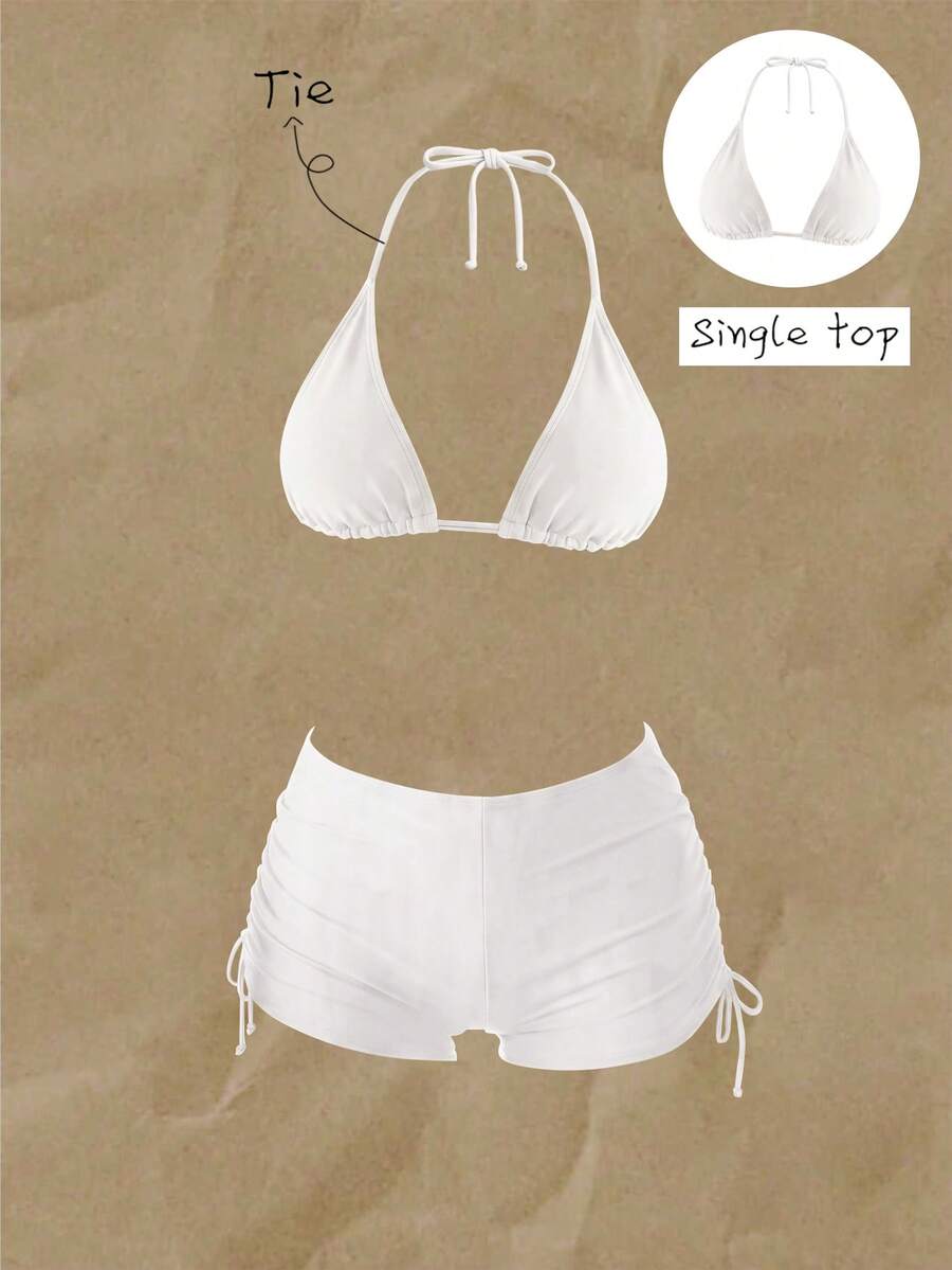 Elavelle Women's Solid Color Halter Bikini Top For Spring And Summer - White - View 1