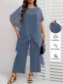 Reflora Conjunto de 2 piezas de top holgado y pantalón de pierna ancha de unicolor talla grande - Neblina azul - Ver 1