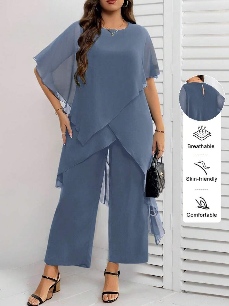 Reflora Conjunto de 2 piezas de top holgado y pantalón de pierna ancha de unicolor talla grande - Neblina azul - Añade 1