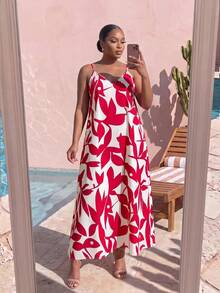 SHEIN Lady CURVE 大尺碼女款全印花休閒日常夏季旅行細肩帶洋裝 - 紅白色 - 查看 4