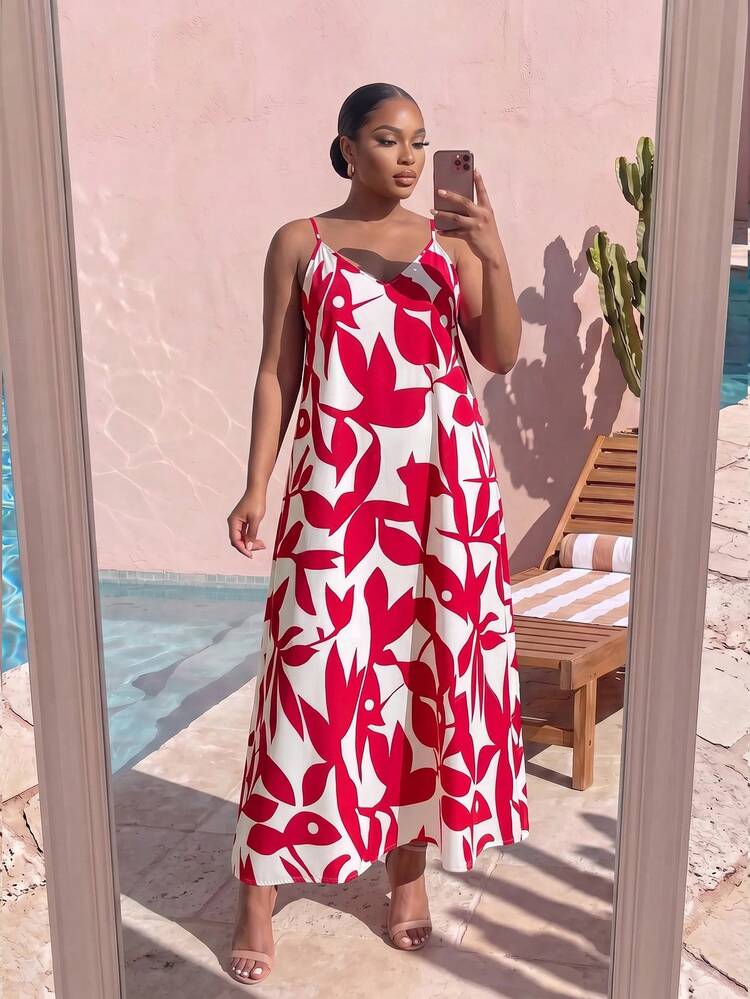 SHEIN Lady CURVE Plus Size Women's All-Over Print Casual Everyday Summer Travel Spaghetti Strap Dress - Red and White - View 4