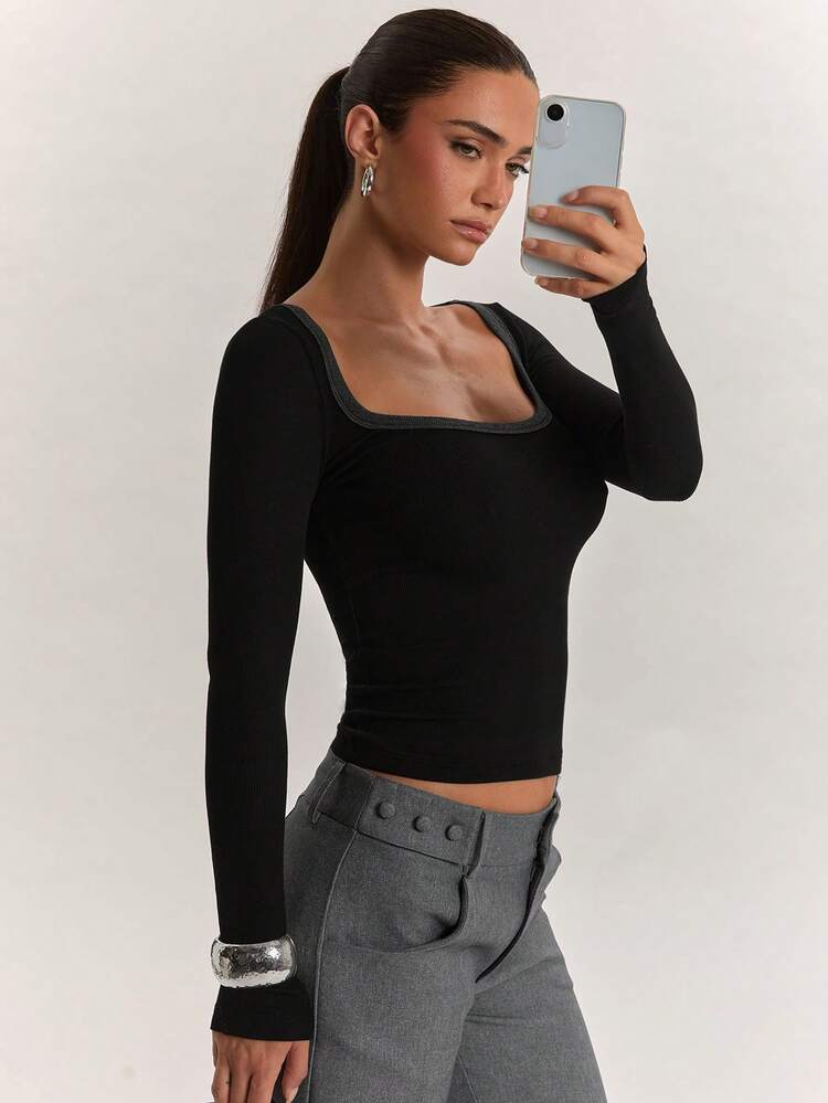SHEIN BAE Women's Square Neck Long Sleeve Slim Fit Casual T-Shirt - Black - View 5