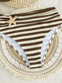 SHEIN Swim Women's Textured Striped Fabric Front Metal Decor 2 Pieces Swimwear Set, Summer Beach Party Vacation Style Swimwear - Multicolor - View 5