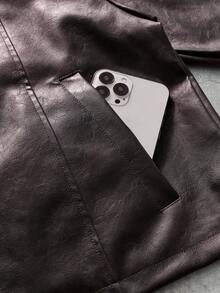 AXEPEAK Men's Fashion Zipper Striped Colorblock Pocket PU Material Jacket - Brown - View 5
