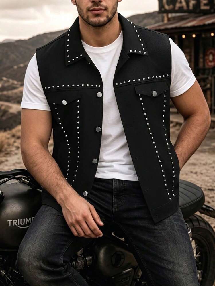 Manfinity CasualCool Men's Street Metal-Studded Vest, Black And Silver Gothic Style Vest Jacket - Black - View 3