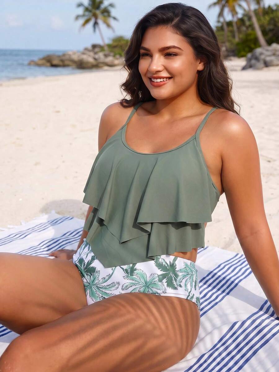 Swim Lushoire Baju Renang Wanita Ukuran Besar 2 Potong Motif Acak Elegan Modis Gaya Tank untuk Pantai & Kolam Renang