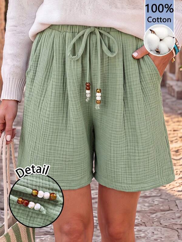 Sylviya Casual Women's Waist Tie Summer 100 Cotton Shorts Beach Sage Green Fall Clothes