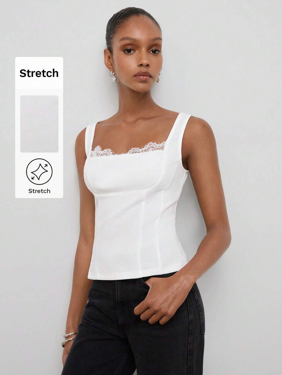SHEIN Maija Off-White Women's Slim Fit Waist Top Summer Lace Neckline Patchwork Urban Romantic Y2k Vacation Elegant Going Out Brunch Date Party Festival Fall