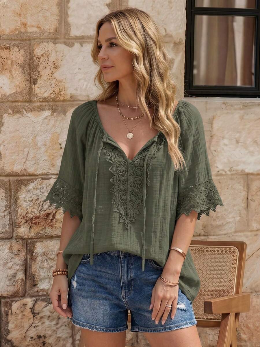EMERY ROSE Women's Casual Solid Color Lace Patchwork Shirt, Summer - Army Green - View 1