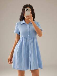 SHEIN PETITE 女款休閒舒適純色單排扣短洋裝，鈕扣開襟襯衫洋裝，度假風/波希米亞風，商務休閒，適合嬌小女性 - 藍色 - 查看 8