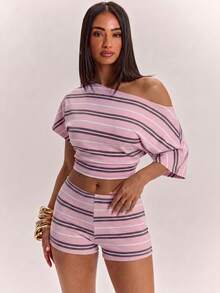 SHEIN BAE 女款不對稱領條紋拼接短版T恤與休閒短褲兩件套 - 彩色 - 查看 7