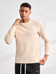 Driftmere Men's Minimalist Fashionable Ribbed Knit Tee, For Fall, Long Sleeve Top - Apricot - View 4