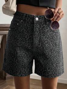 Livesso Women's Leopard Print Pocket Casual Denim Shorts - Blue - View 1