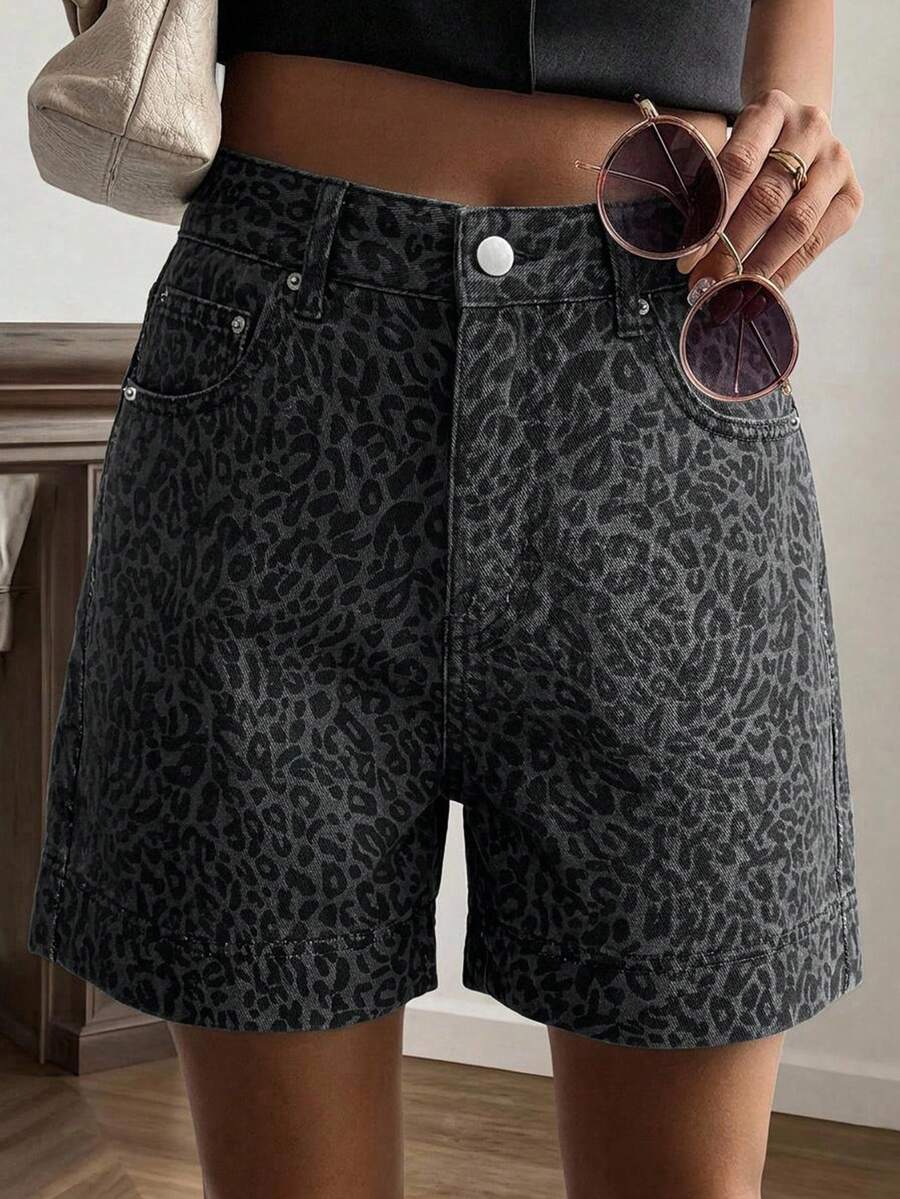 Livesso Women's Leopard Print Pocket Casual Denim Shorts - Blue - View 1