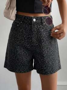 Livesso Women's Leopard Print Pocket Casual Denim Shorts - Blue - View 5