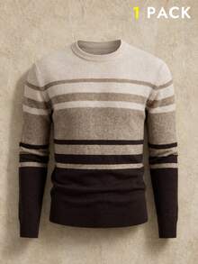 AKNOTIC Men's Contrast Color Striped Long Sleeve Crew Neck Sweater, For Spring - Coffee Brown - View 2