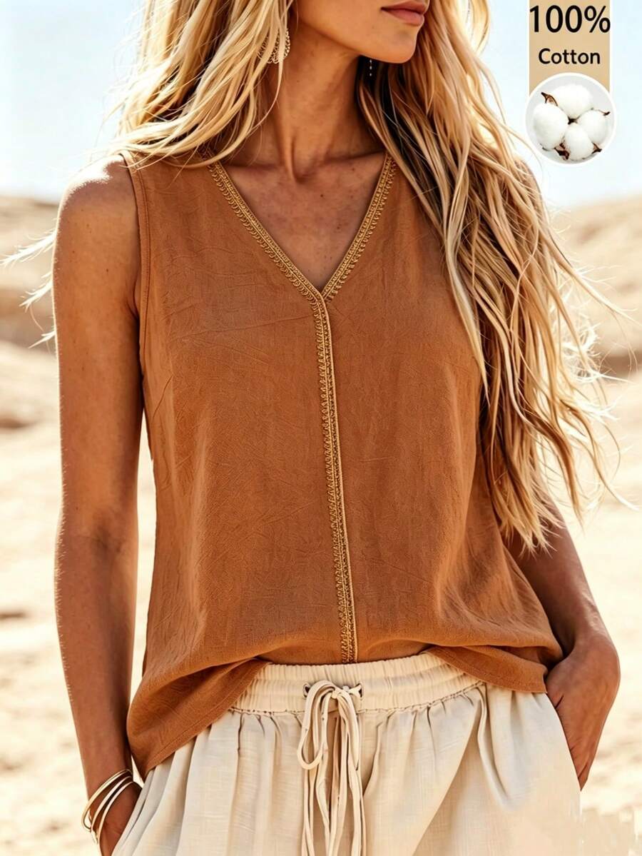 Linhara CURVE Plus Size French V-Neck Trim Sleeveless Tank Top, Loose Fit Innerwear Outerwear Commuter Beach Vacation Brown Summer Boho Casual - Brown - View 1