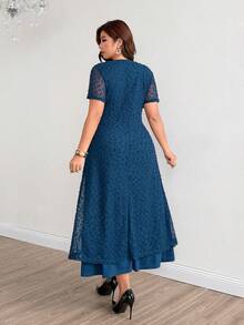Modelyn Gaun Minimalis Warna Polos Jala Jacquard Leher V Lengan Pendek 2 in 1 Pinggang Ramping Musim Semi/Panas Ukuran Besar - Teal Blue - View 2