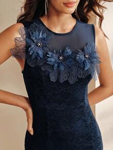 Anewsta Summer Holiday Romantic Lace Splice Mesh Collar Delicate Floral Decor Fishtail Hem Party Elegant Dress For Women - Navy Blue - View 7