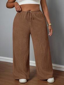 SHEIN PETITE CURVE 大尺碼女款巧克力棕色紋理休閒軟身長褲，適合度假、商務、居家、婚禮賓客、早午餐約會、居家休閒與辦公室穿著，夏季款 - 咖啡棕 - 查看 5